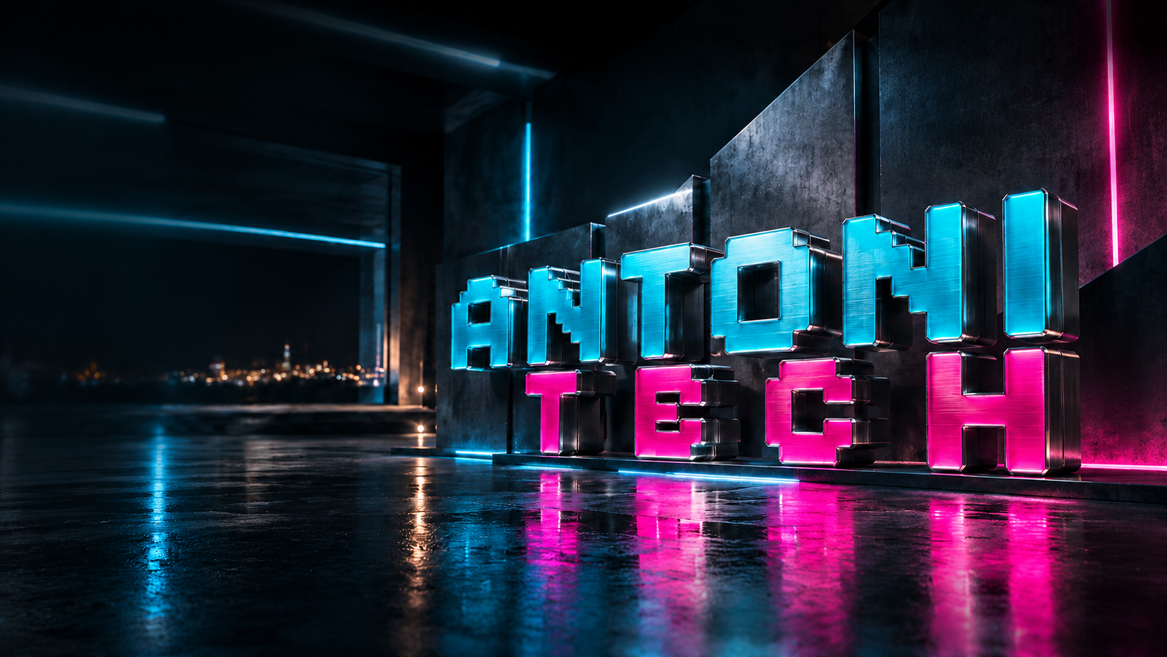 Logo metálico de Antoni Tech en cian y magenta, con reflejos sobre el suelo